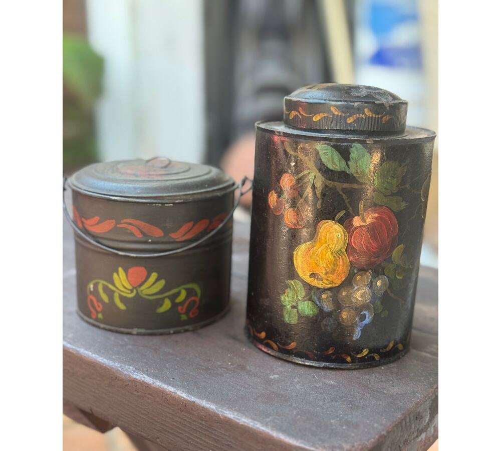 Primitive Antique Toleware Metal Canister Caddy & 3" Berry Bucket, Folk Art